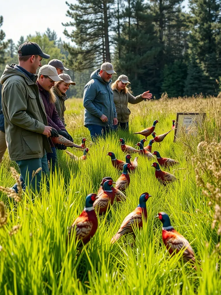 A wildlife biologist releasing a group of pheasants into a managed hunting area, showcasing species restocking efforts.
