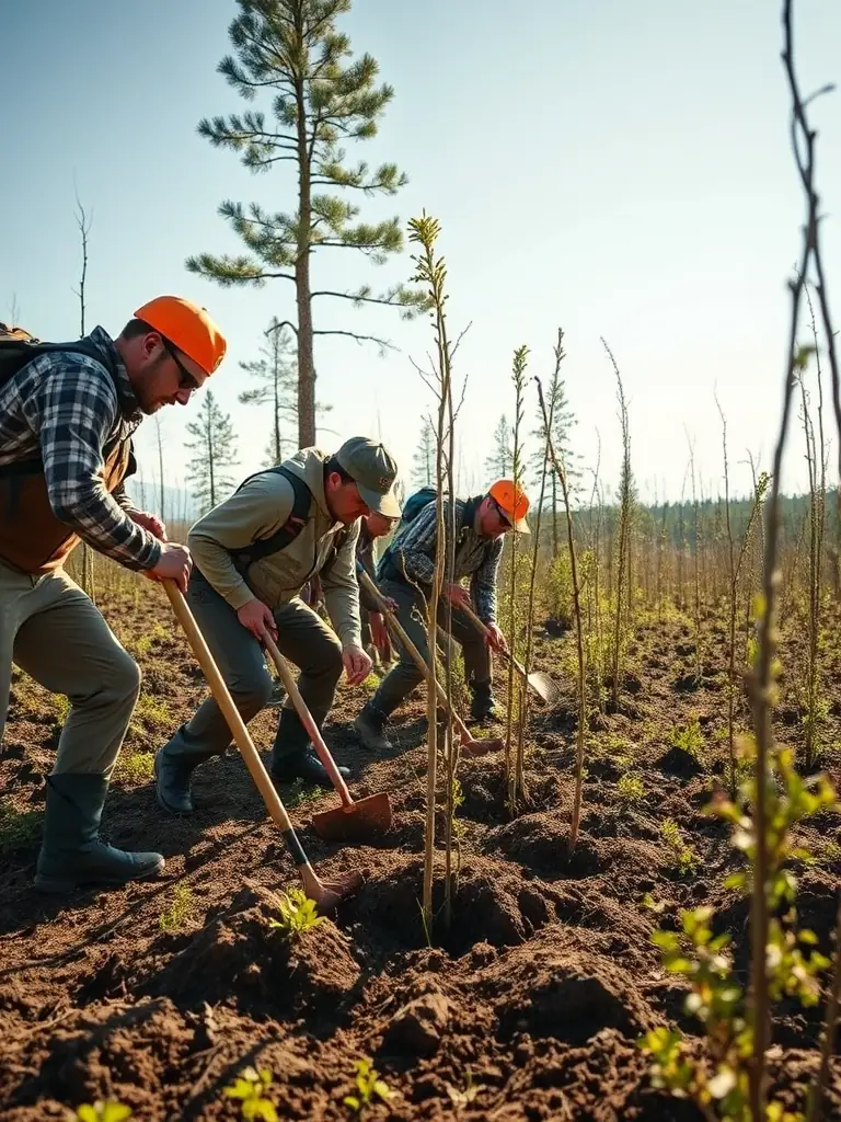 A photograph of hunters participating in a habitat restoration project, planting trees and clearing invasive species in a local forest, demonstrating their commitment to wildlife conservation.