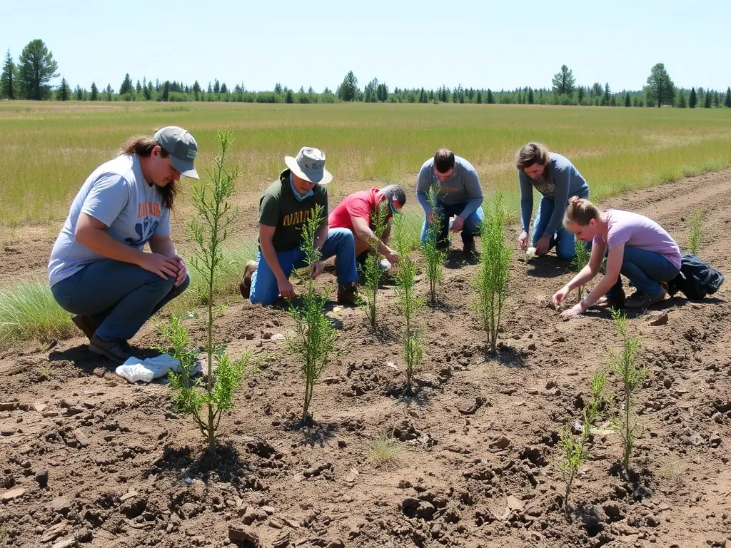 Volunteers planting native trees and shrubs in a deforested area, emphasizing habitat restoration efforts.