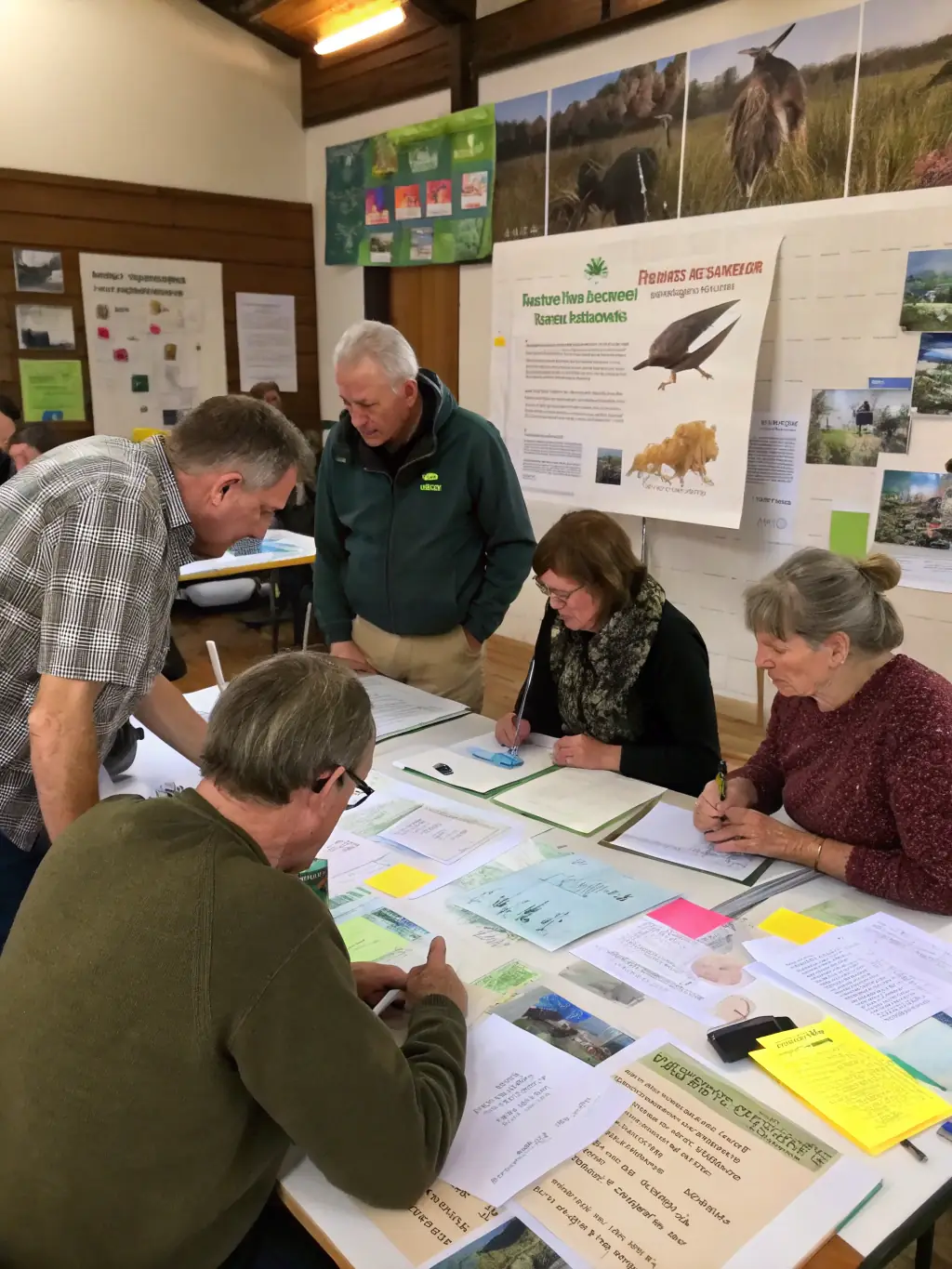 A photograph of a community workshop organized by SOCIETE COMMUNALE DES CHASSEURS DE ST PARDOUX L'ORTIGIER, where members are educating local residents about wildlife conservation and responsible hunting practices.
