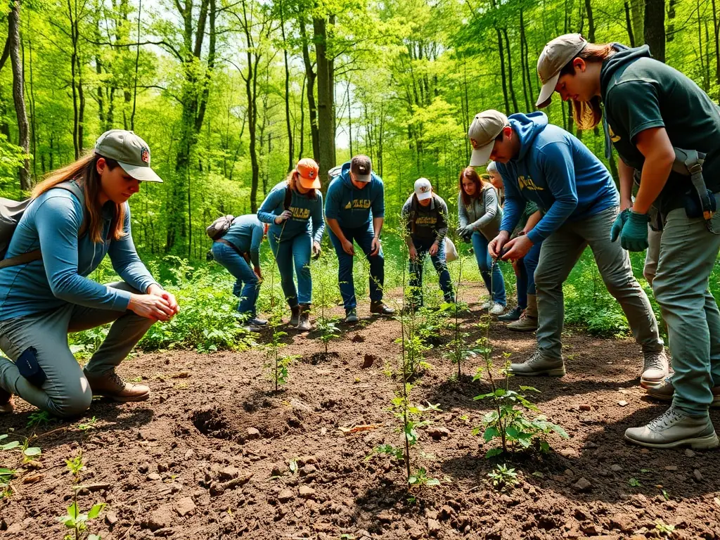 A group of hunters participating in a habitat restoration project, planting native trees and shrubs to improve wildlife habitat.
