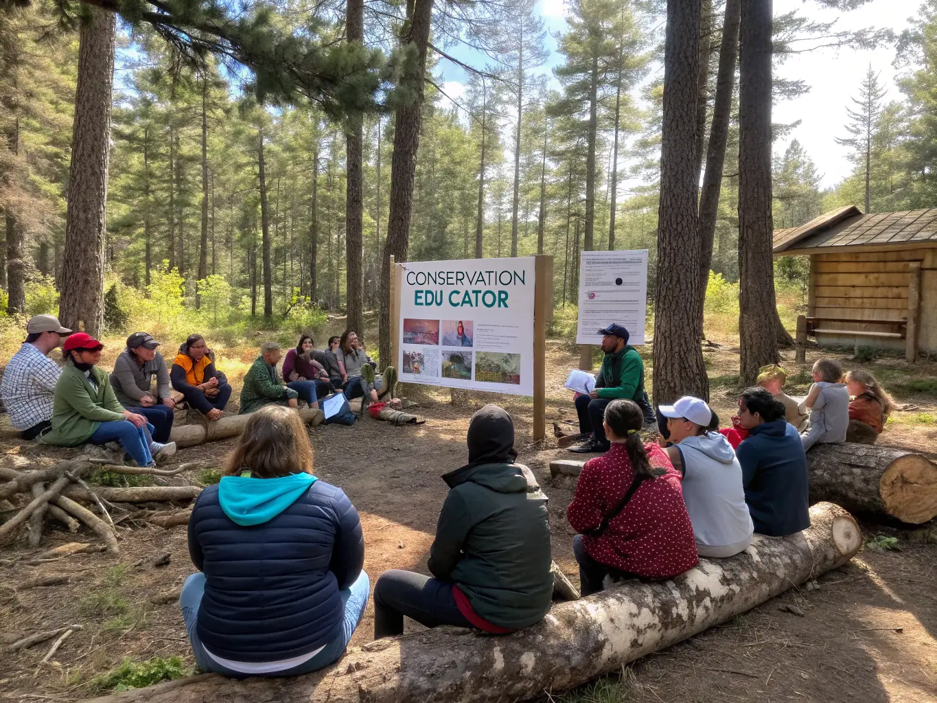 A group of community members participating in a wildlife monitoring workshop, learning about local species and conservation techniques.
