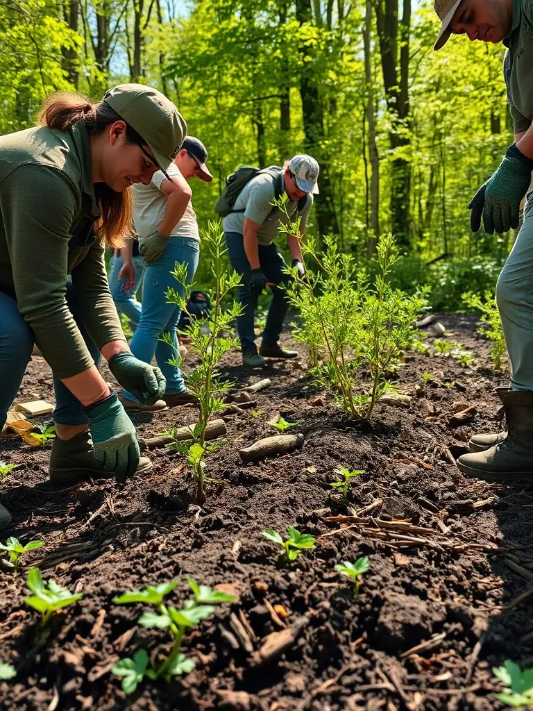 A group of volunteers planting trees in a deforested area, illustrating habitat restoration efforts.