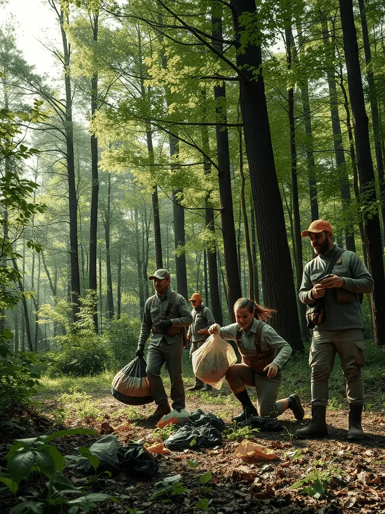 A group of hunters cleaning up litter and debris from a local park or natural area, demonstrating their dedication to maintaining a clean and healthy environment for all.
