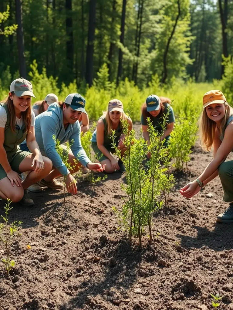 A high-quality photograph depicting members of SOCIETE COMMUNALE DES CHASSEURS DE ST PARDOUX L'ORTIGIER participating in a habitat restoration project, planting native trees and shrubs in a local forest area.