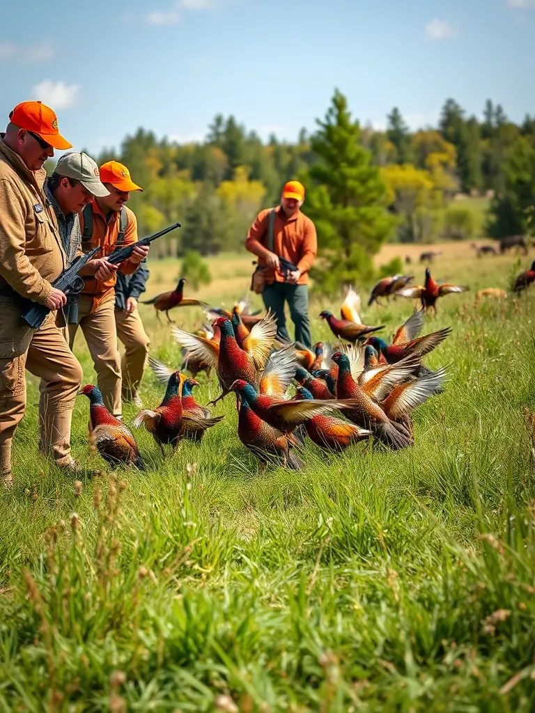 A photograph showcasing the release of pheasants into a managed hunting area, with members of SOCIETE COMMUNALE DES CHASSEURS DE ST PARDOUX L'ORTIGIER overseeing the restocking process.