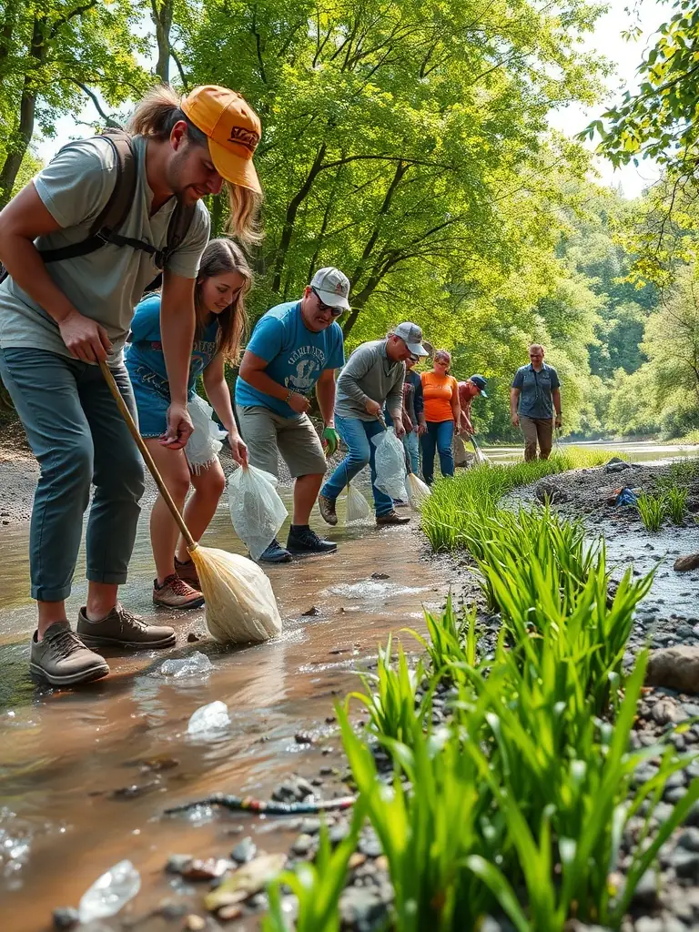 A photograph showing members of SOCIETE COMMUNALE DES CHASSEURS DE ST PARDOUX L'ORTIGIER working to control invasive species in a local wetland, removing non-native plants to protect native wildlife habitats.