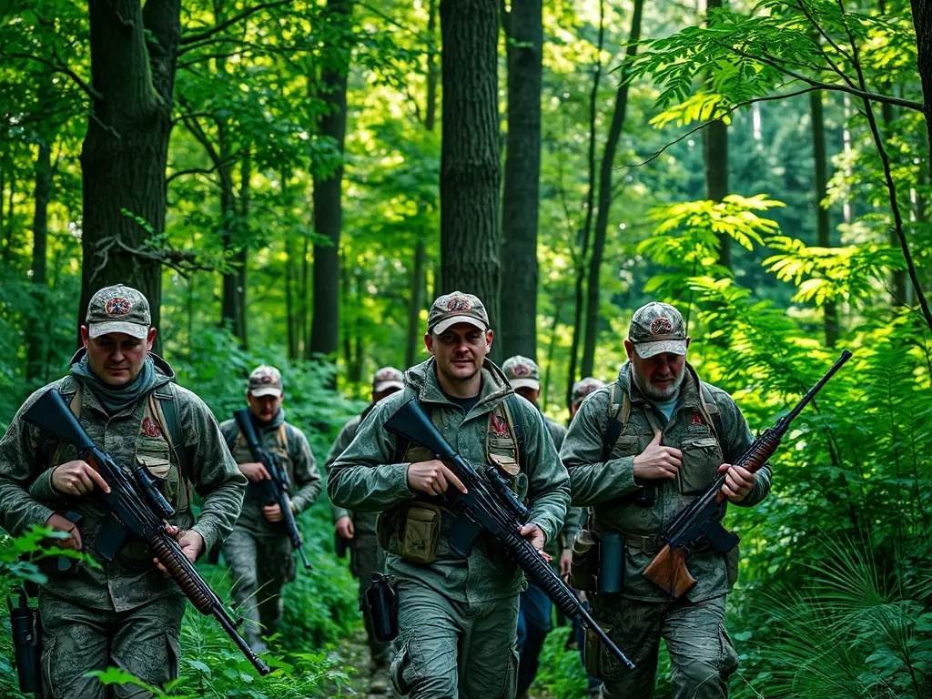 A group of hunters participating in a controlled hunt in a forest, focusing on sustainable harvesting practices.
