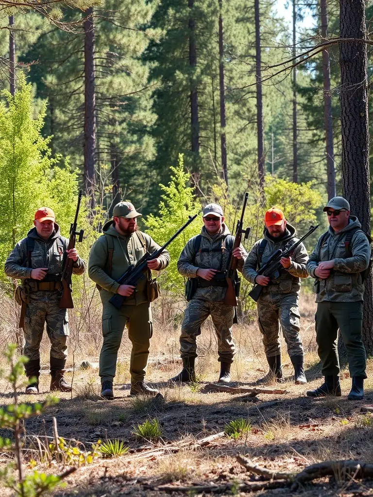 A picture of hunters working alongside local farmers to manage wildlife populations and prevent crop damage, showcasing their role in supporting agricultural sustainability.